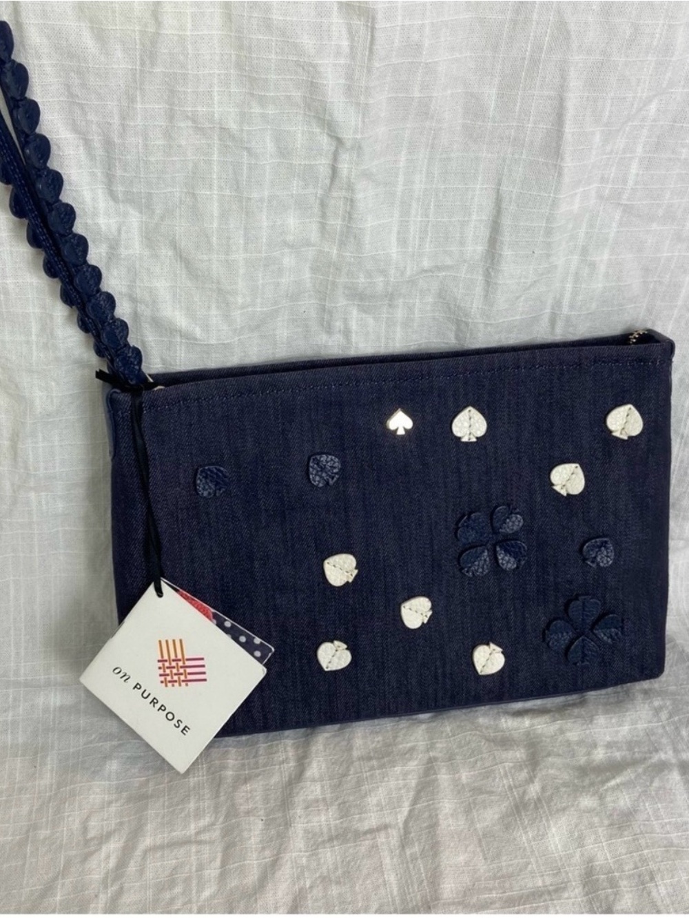 KATE SPADE Navy Embroidered Spade & Clover Wristlet